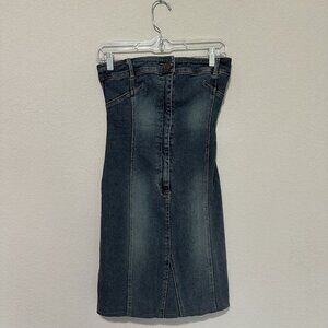 Mango Denim Strapless Mini Dress Womens Size 4 Stretch 1/4 Zip Up 2000s